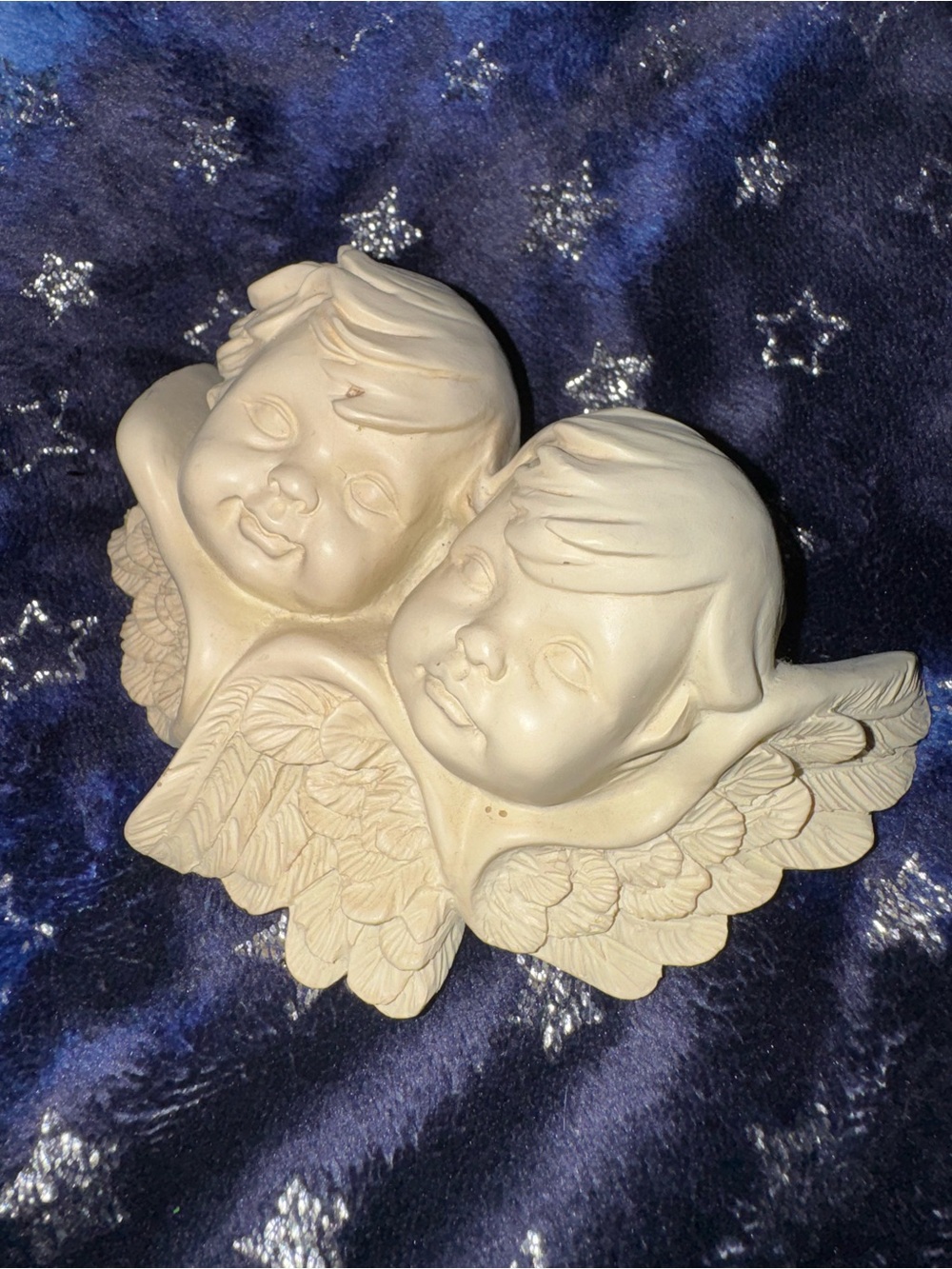 Vintage Cherub Angel Wall Plaque - Pair of Ivory Cherub Heads with Wings